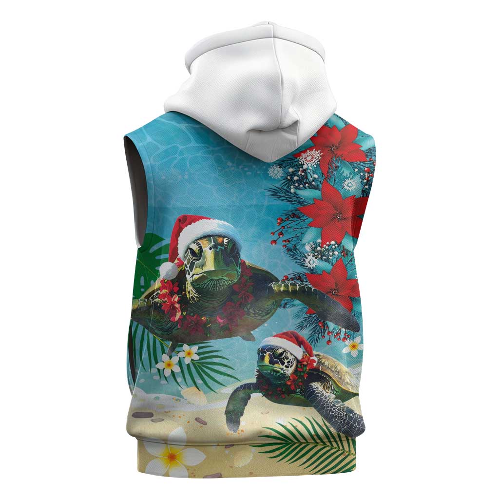Hawaiian Mele Kalikimaka Sleeveless Zip Hoodie Tropical Xmas Turtles Red Poinsettia Watercolor - Polynesian Pride
