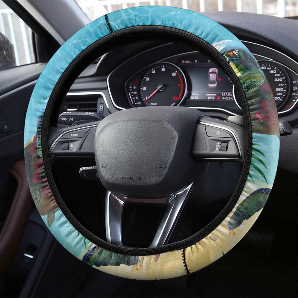 Hawaiian Mele Kalikimaka Steering Wheel Cover Tropical Xmas Turtles Red Poinsettia Watercolor - Polynesian Pride