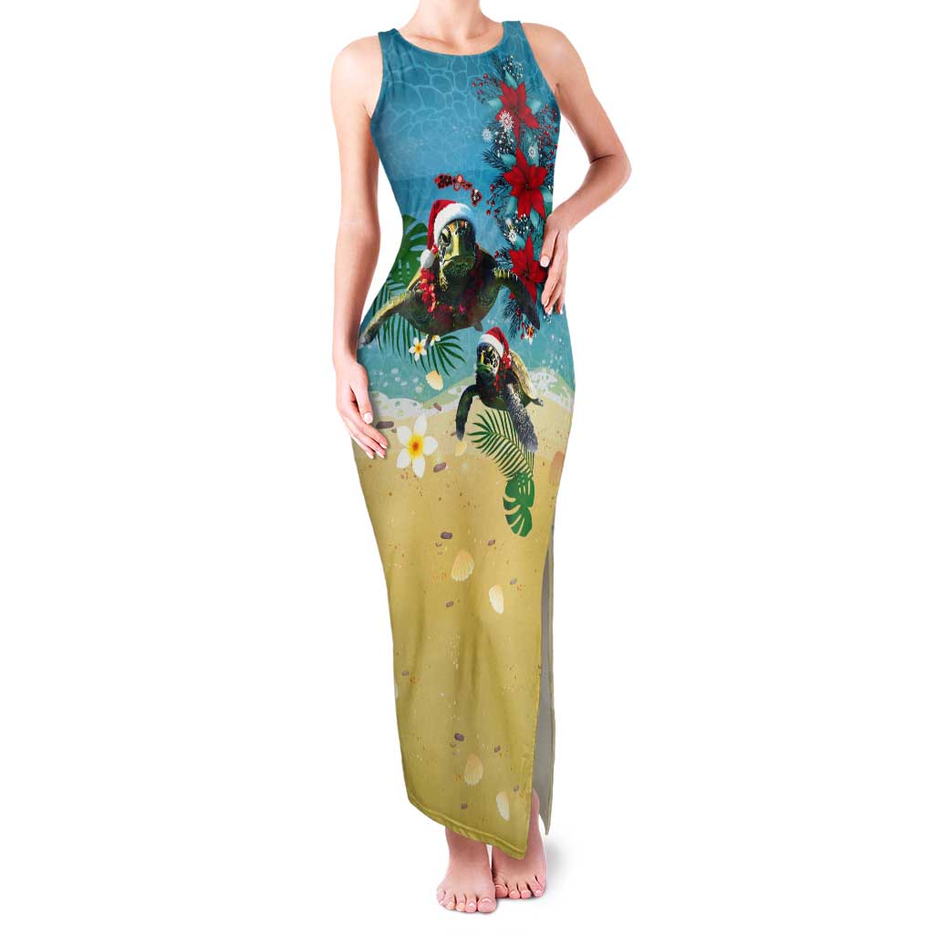 Hawaiian Mele Kalikimaka Tank Maxi Dress Tropical Xmas Turtles Red Poinsettia Watercolor - Polynesian Pride