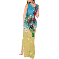 Hawaiian Mele Kalikimaka Tank Maxi Dress Tropical Xmas Turtles Red Poinsettia Watercolor - Polynesian Pride