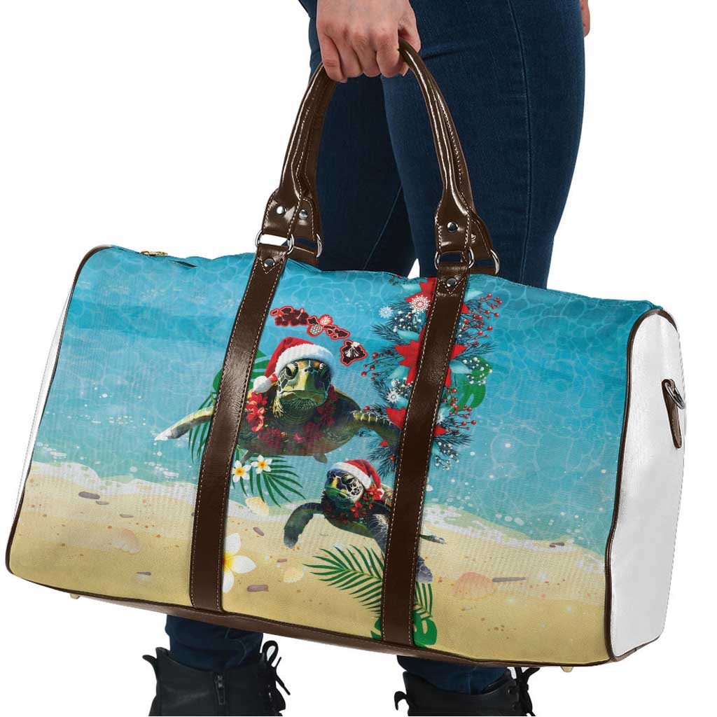 Hawaiian Mele Kalikimaka Travel Bag Tropical Xmas Turtles Red Poinsettia Watercolor - Polynesian Pride