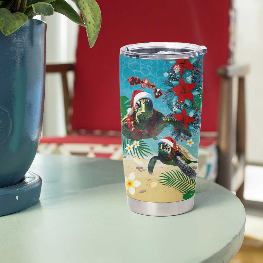 Hawaiian Mele Kalikimaka Tumbler Cup Tropical Xmas Turtles Red Poinsettia Watercolor - Polynesian Pride