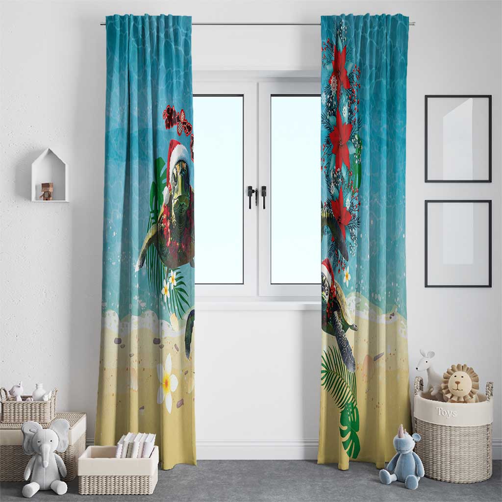 Hawaiian Mele Kalikimaka Window Curtain Tropical Xmas Turtles Red Poinsettia Watercolor - Polynesian Pride