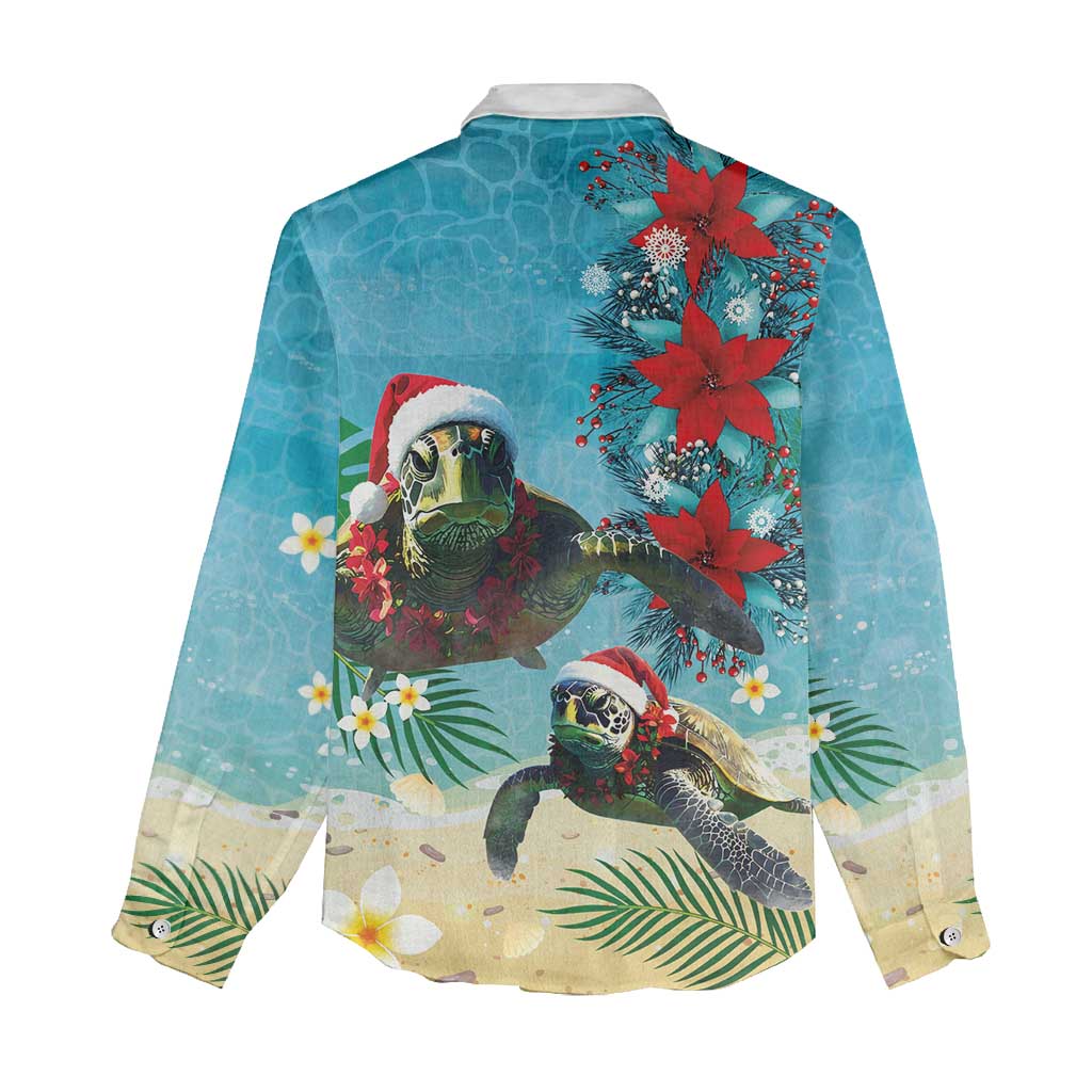 Hawaiian Mele Kalikimaka Women Casual Shirt Tropical Xmas Turtles Red Poinsettia Watercolor - Polynesian Pride
