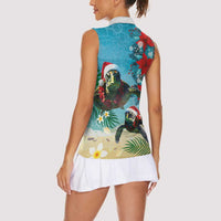 Hawaiian Mele Kalikimaka Women Sleeveless Polo Shirt Tropical Xmas Turtles Red Poinsettia Watercolor - Polynesian Pride
