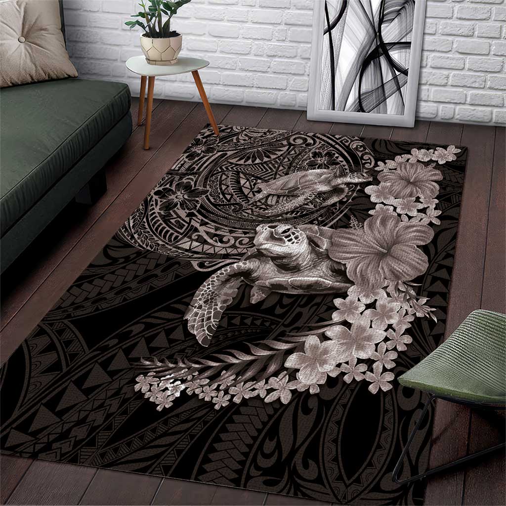 Hawaiian Plumeria and Hibiscus with Turtles Area Rug Polynesian Art Grayscale - Polynesian Pride