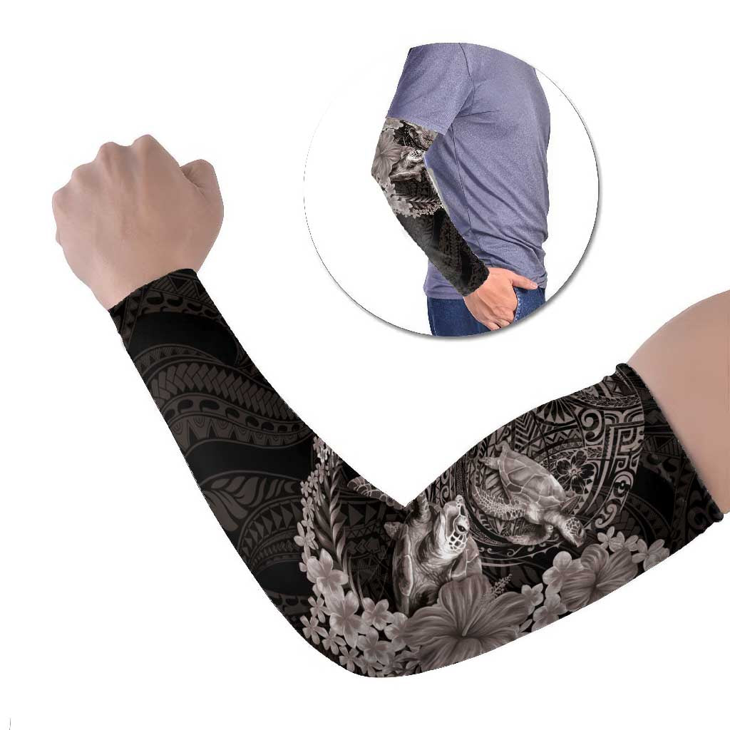 Hawaiian Plumeria and Hibiscus with Turtles Arm Sleeves Polynesian Art Grayscale - Polynesian Pride