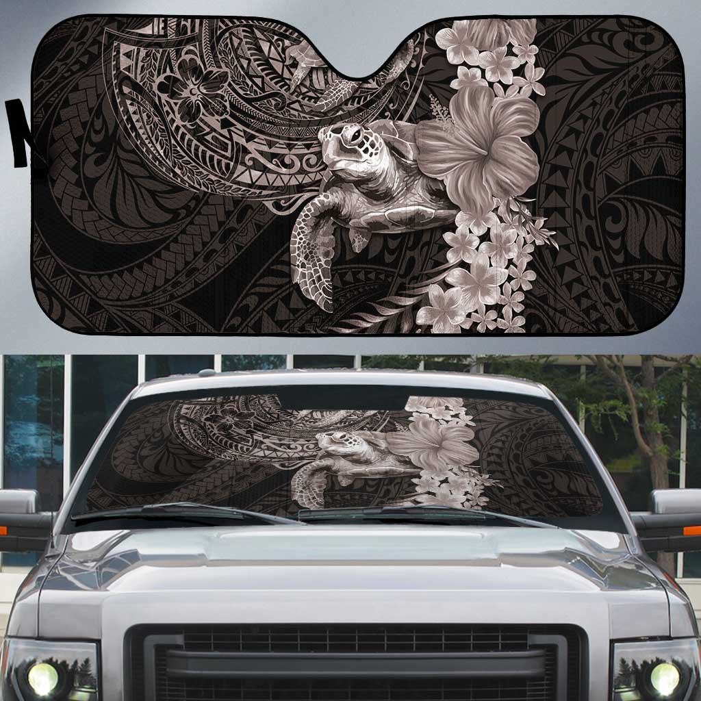 Hawaiian Plumeria and Hibiscus with Turtles Auto Sun Shade Polynesian Art Grayscale LT03 Black - Polynesian Pride