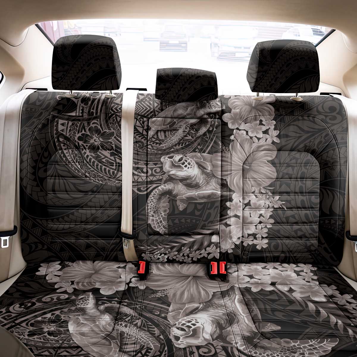 Hawaiian Plumeria and Hibiscus with Turtles Back Car Seat Cover Polynesian Art Grayscale - Polynesian Pride