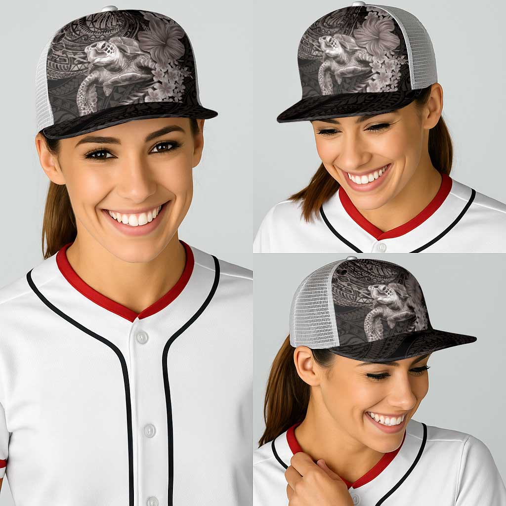 Hawaiian Plumeria and Hibiscus with Turtles Baseball Net Cap Polynesian Art Grayscale - Polynesian Pride