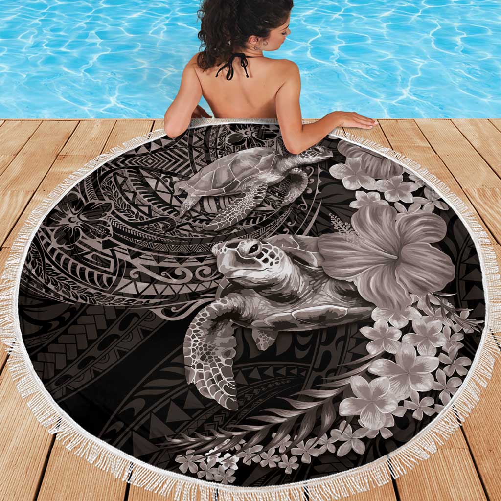 Hawaiian Plumeria and Hibiscus with Turtles Beach Blanket Polynesian Art Grayscale - Polynesian Pride