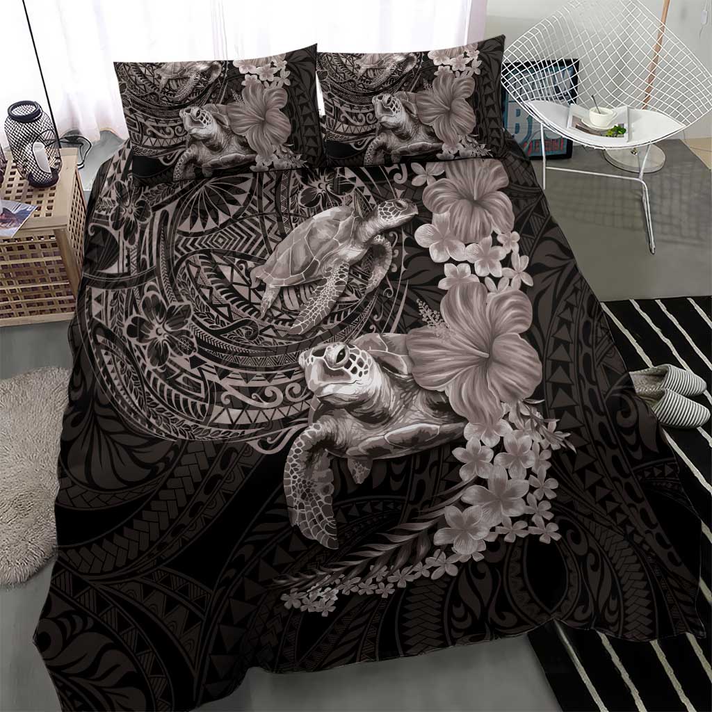 Hawaiian Plumeria and Hibiscus with Turtles Bedding Set Polynesian Art Grayscale - Polynesian Pride