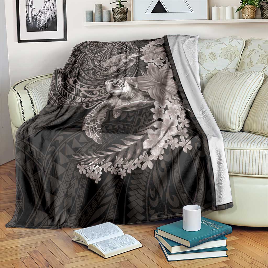 Hawaiian Plumeria and Hibiscus with Turtles Blanket Polynesian Art Grayscale - Polynesian Pride