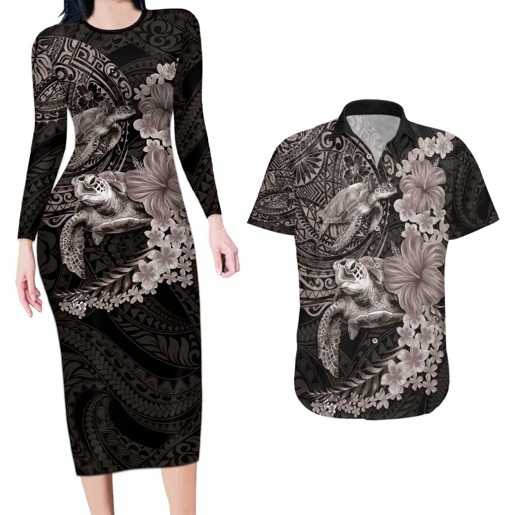 Hawaiian Plumeria and Hibiscus with Turtles Couples Matching Long Sleeve Bodycon Dress and Hawaiian Shirt Polynesian Art Grayscale - Polynesian Pride