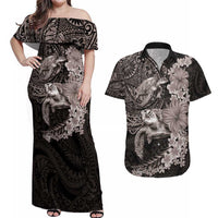 Hawaiian Plumeria and Hibiscus with Turtles Couples Matching Off Shoulder Maxi Dress and Hawaiian Shirt Polynesian Art Grayscale - Polynesian Pride
