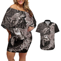 Hawaiian Plumeria and Hibiscus with Turtles Couples Matching Off Shoulder Short Dress and Hawaiian Shirt Polynesian Art Grayscale - Polynesian Pride