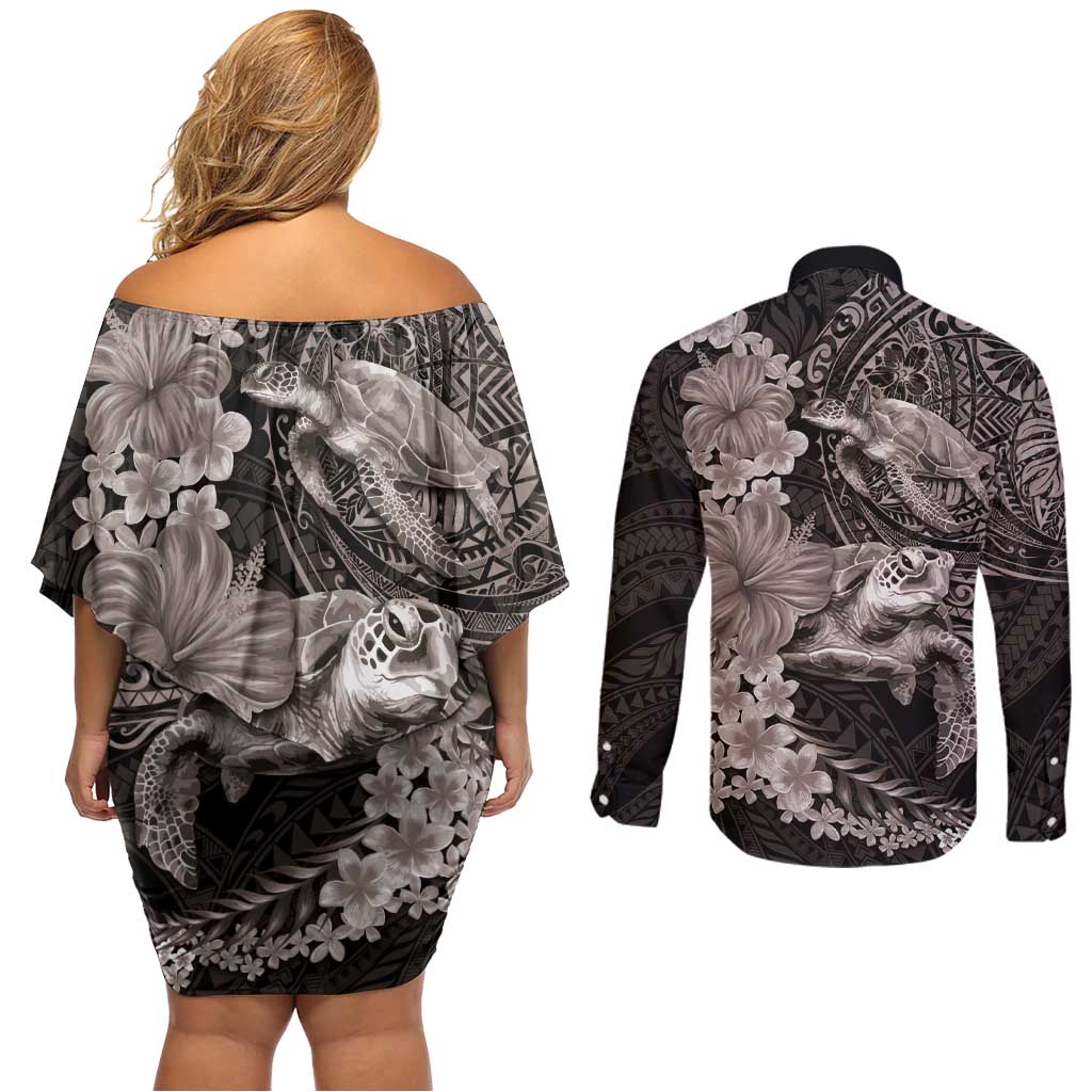 Hawaiian Plumeria and Hibiscus with Turtles Couples Matching Off Shoulder Short Dress and Long Sleeve Button Shirt Polynesian Art Grayscale - Polynesian Pride