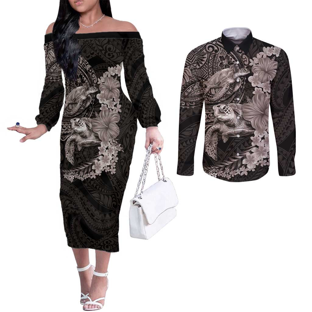Hawaiian Plumeria and Hibiscus with Turtles Couples Matching Off The Shoulder Long Sleeve Dress and Long Sleeve Button Shirt Polynesian Art Grayscale - Polynesian Pride