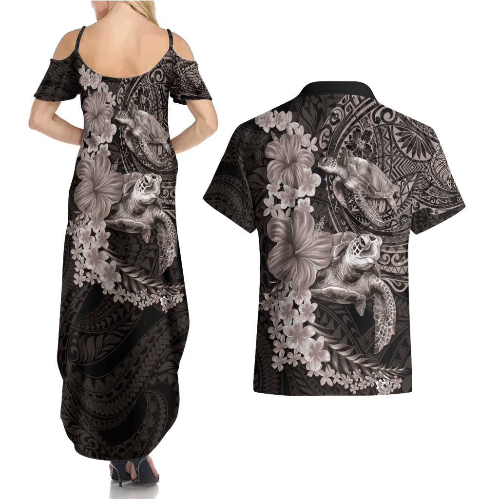 Hawaiian Plumeria and Hibiscus with Turtles Couples Matching Summer Maxi Dress and Hawaiian Shirt Polynesian Art Grayscale - Polynesian Pride