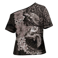 Hawaiian Plumeria and Hibiscus with Turtles Cross Shoulder Shirt Polynesian Art Grayscale - Polynesian Pride