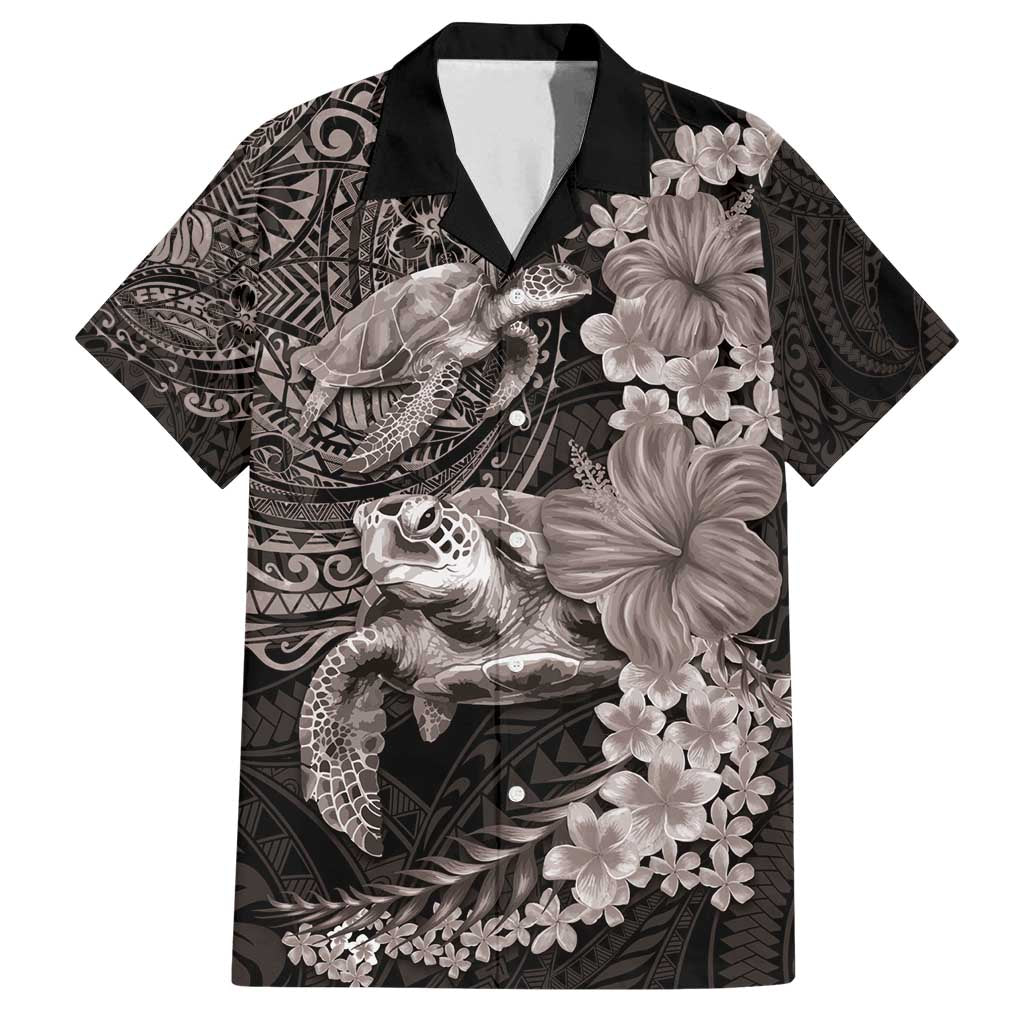 Hawaiian Plumeria and Hibiscus with Turtles Family Matching Long Sleeve Bodycon Dress and Hawaiian Shirt Polynesian Art Grayscale - Polynesian Pride