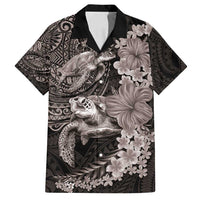 Hawaiian Plumeria and Hibiscus with Turtles Family Matching Long Sleeve Bodycon Dress and Hawaiian Shirt Polynesian Art Grayscale - Polynesian Pride