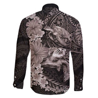 Hawaiian Plumeria and Hibiscus with Turtles Family Matching Long Sleeve Bodycon Dress and Hawaiian Shirt Polynesian Art Grayscale - Polynesian Pride
