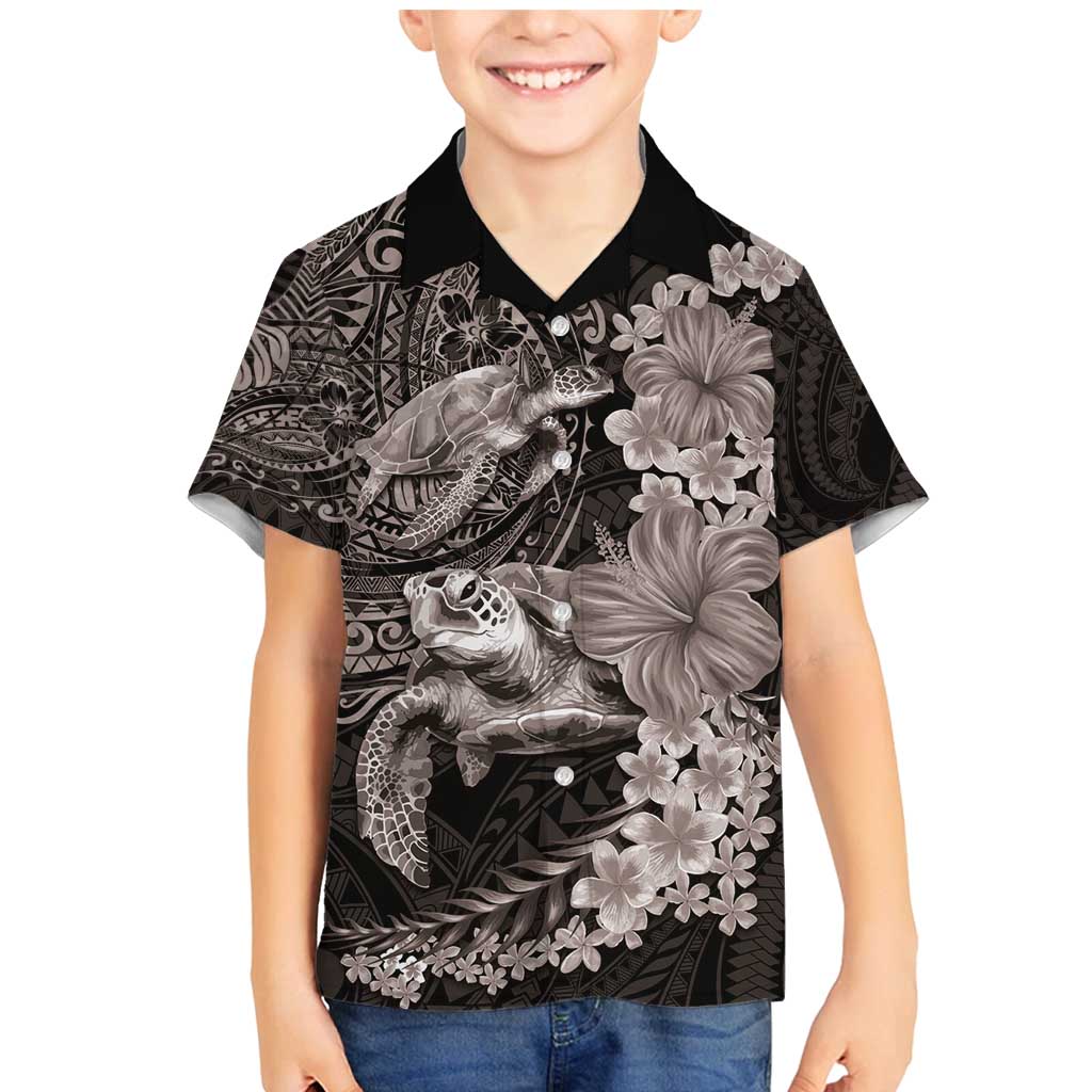 Hawaiian Plumeria and Hibiscus with Turtles Family Matching Mermaid Dress and Hawaiian Shirt Polynesian Art Grayscale - Polynesian Pride