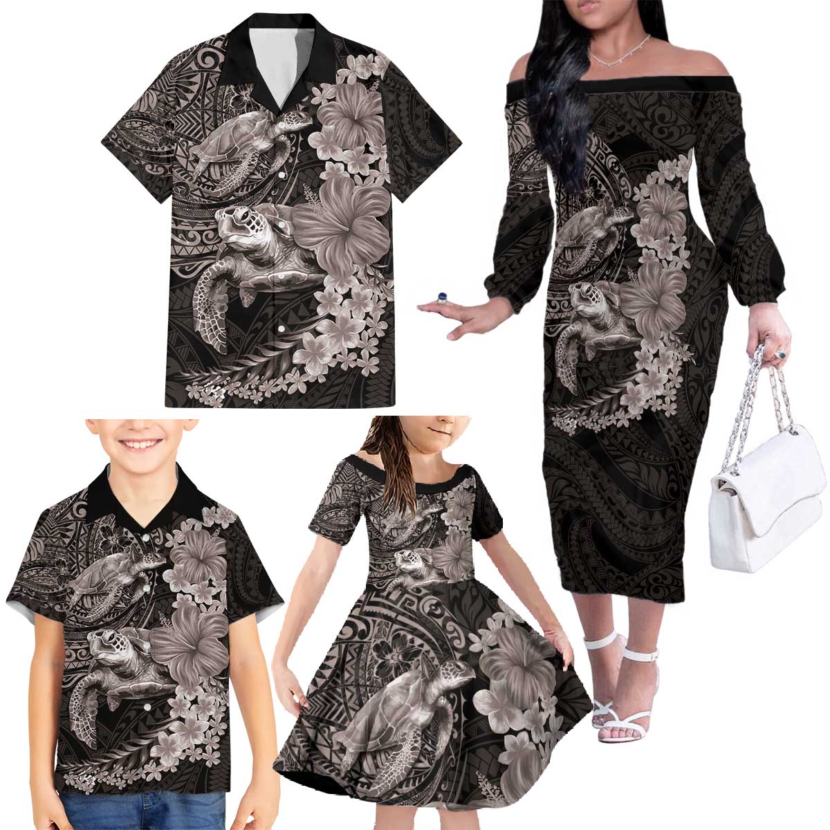 Hawaiian Plumeria and Hibiscus with Turtles Family Matching Off The Shoulder Long Sleeve Dress and Hawaiian Shirt Polynesian Art Grayscale - Polynesian Pride