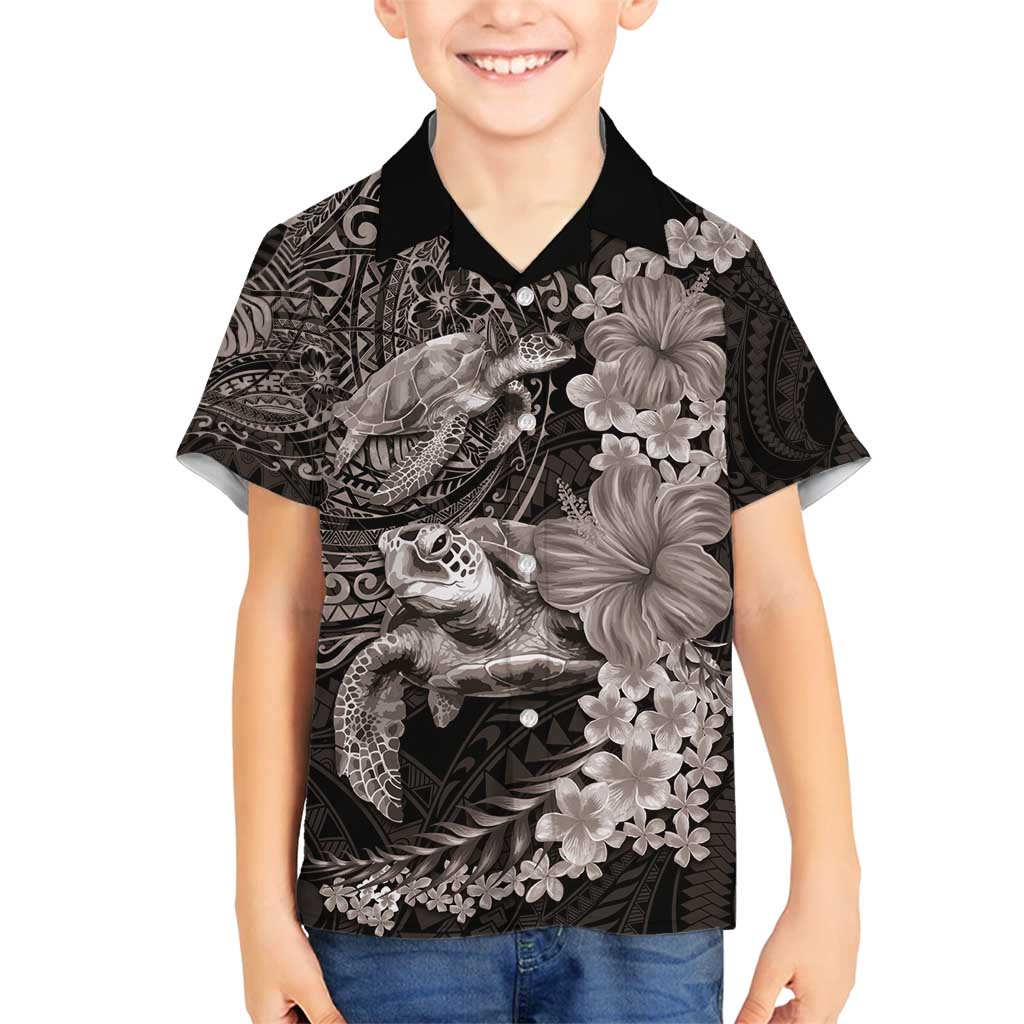 Hawaiian Plumeria and Hibiscus with Turtles Family Matching Off Shoulder Maxi Dress and Hawaiian Shirt Polynesian Art Grayscale - Polynesian Pride