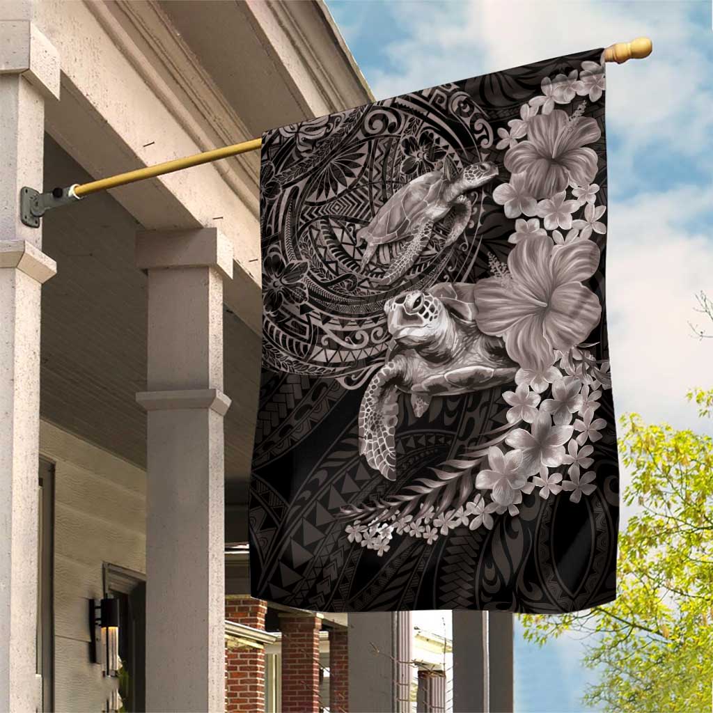 Hawaiian Plumeria and Hibiscus with Turtles Garden Flag Polynesian Art Grayscale - Polynesian Pride