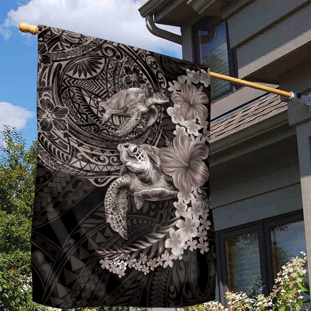 Hawaiian Plumeria and Hibiscus with Turtles Garden Flag Polynesian Art Grayscale - Polynesian Pride
