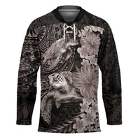 Hawaiian Plumeria and Hibiscus with Turtles Hockey Jersey Polynesian Art Grayscale - Polynesian Pride