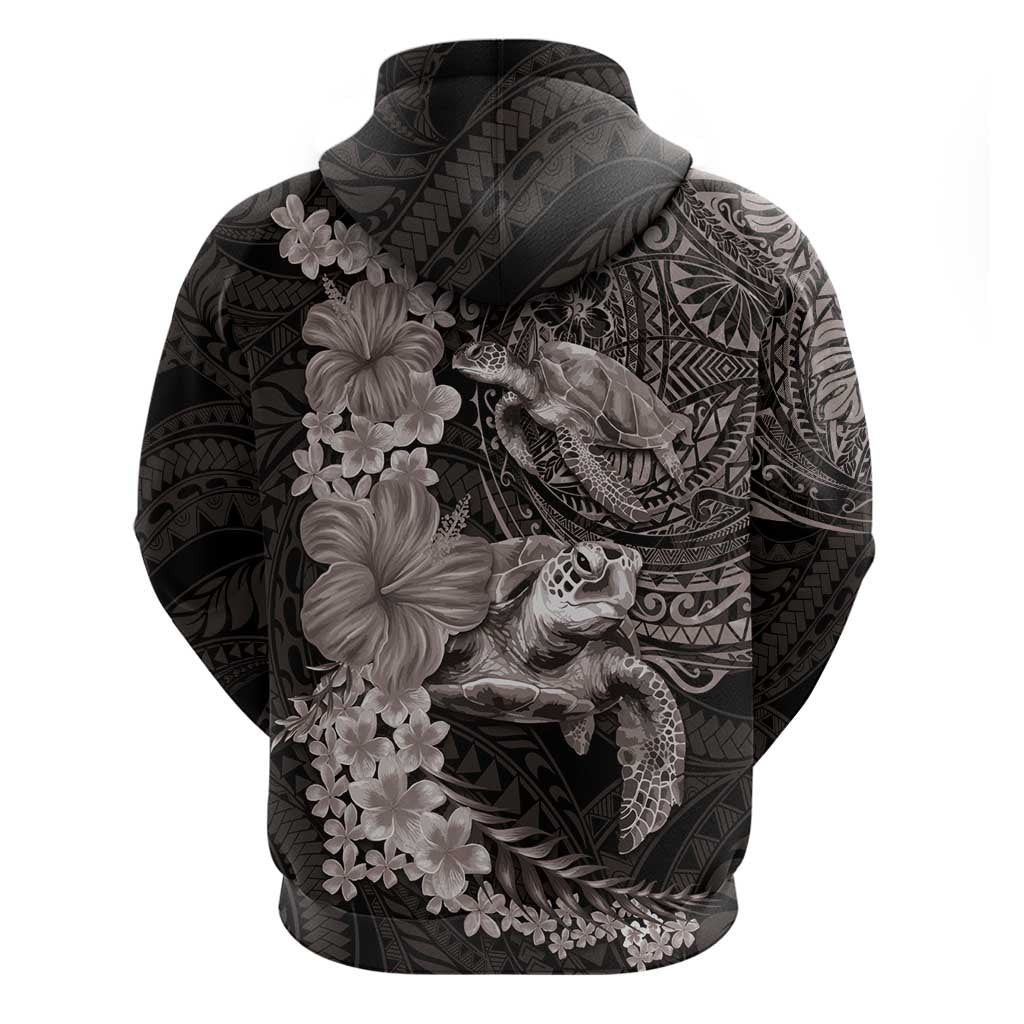 Hawaiian Plumeria and Hibiscus with Turtles Hoodie Polynesian Art Grayscale - Polynesian Pride