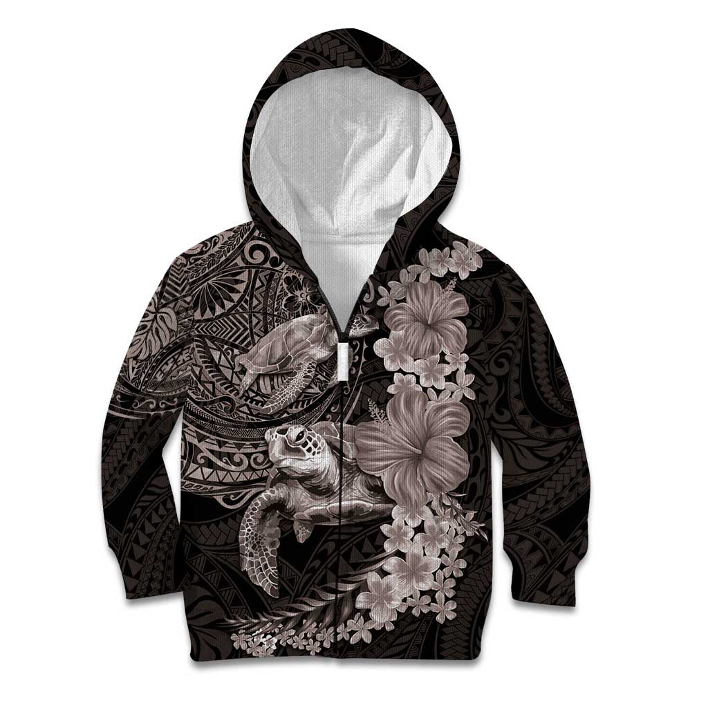 Hawaiian Plumeria and Hibiscus with Turtles Kid Hoodie Polynesian Art Grayscale - Polynesian Pride