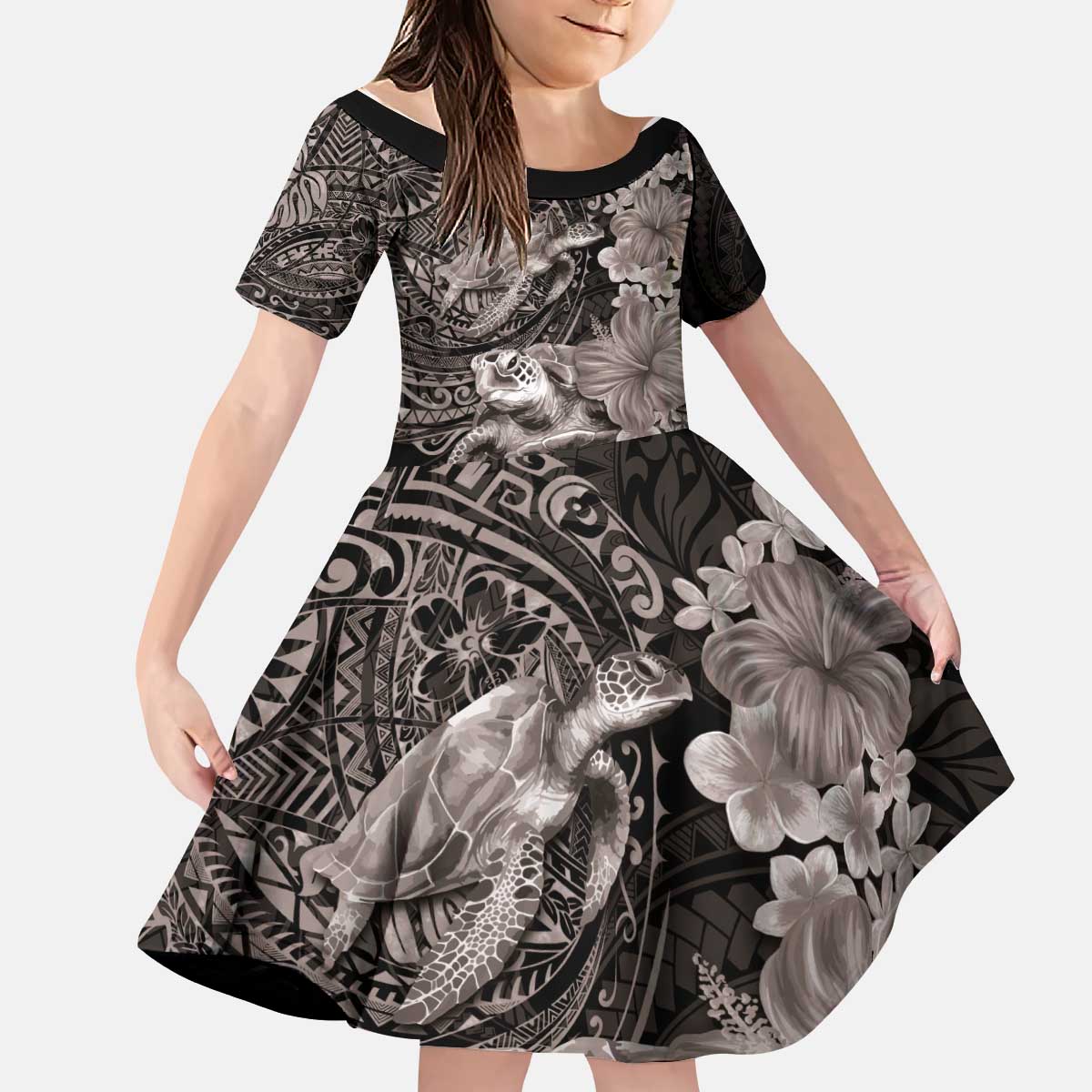 Hawaiian Plumeria and Hibiscus with Turtles Kid Short Sleeve Dress Polynesian Art Grayscale - Polynesian Pride