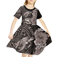 Hawaiian Plumeria and Hibiscus with Turtles Kid Short Sleeve Dress Polynesian Art Grayscale - Polynesian Pride