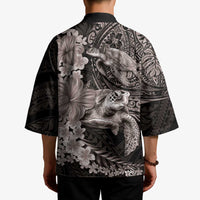 Hawaiian Plumeria and Hibiscus with Turtles Kimono Polynesian Art Grayscale - Polynesian Pride