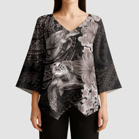 Hawaiian Plumeria and Hibiscus with Turtles Kimono Sleeve Blouse Polynesian Art Grayscale - Polynesian Pride