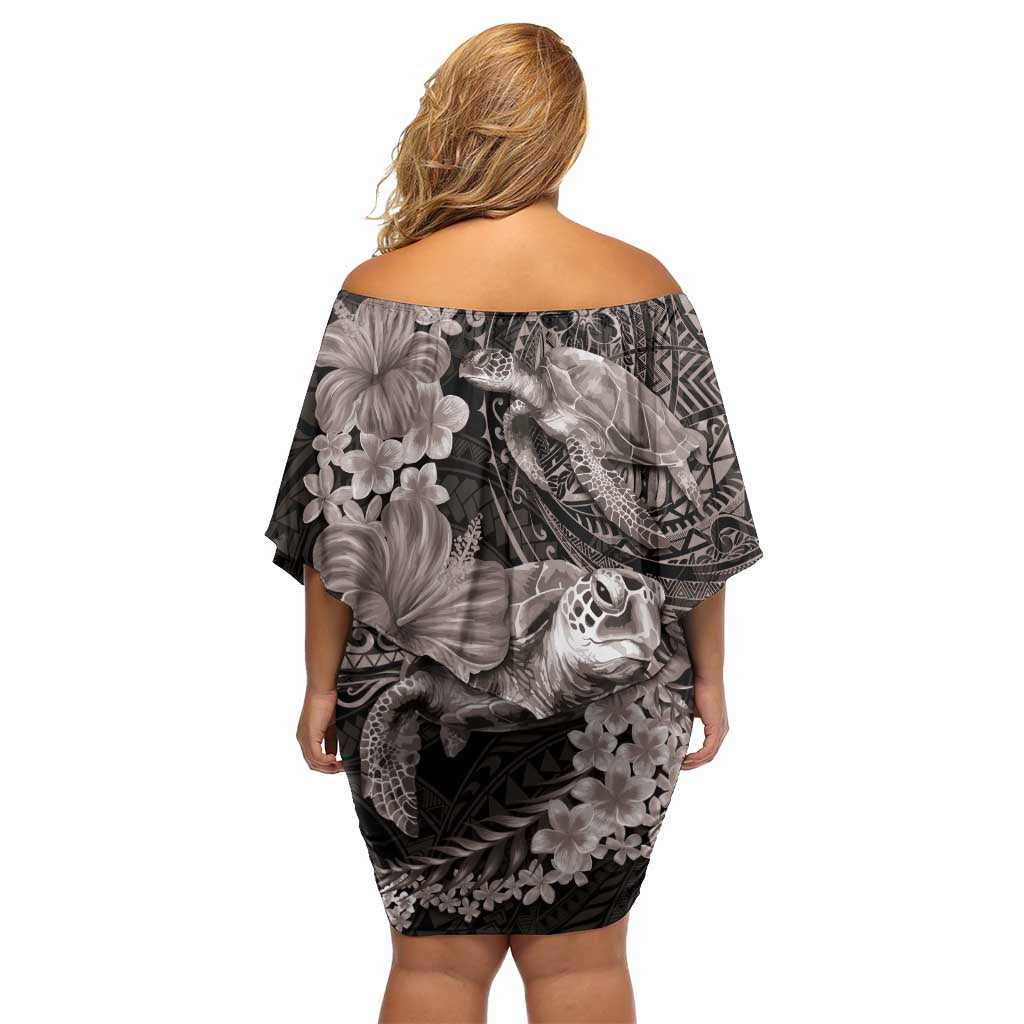 Hawaiian Plumeria and Hibiscus with Turtles Off Shoulder Short Dress Polynesian Art Grayscale - Polynesian Pride