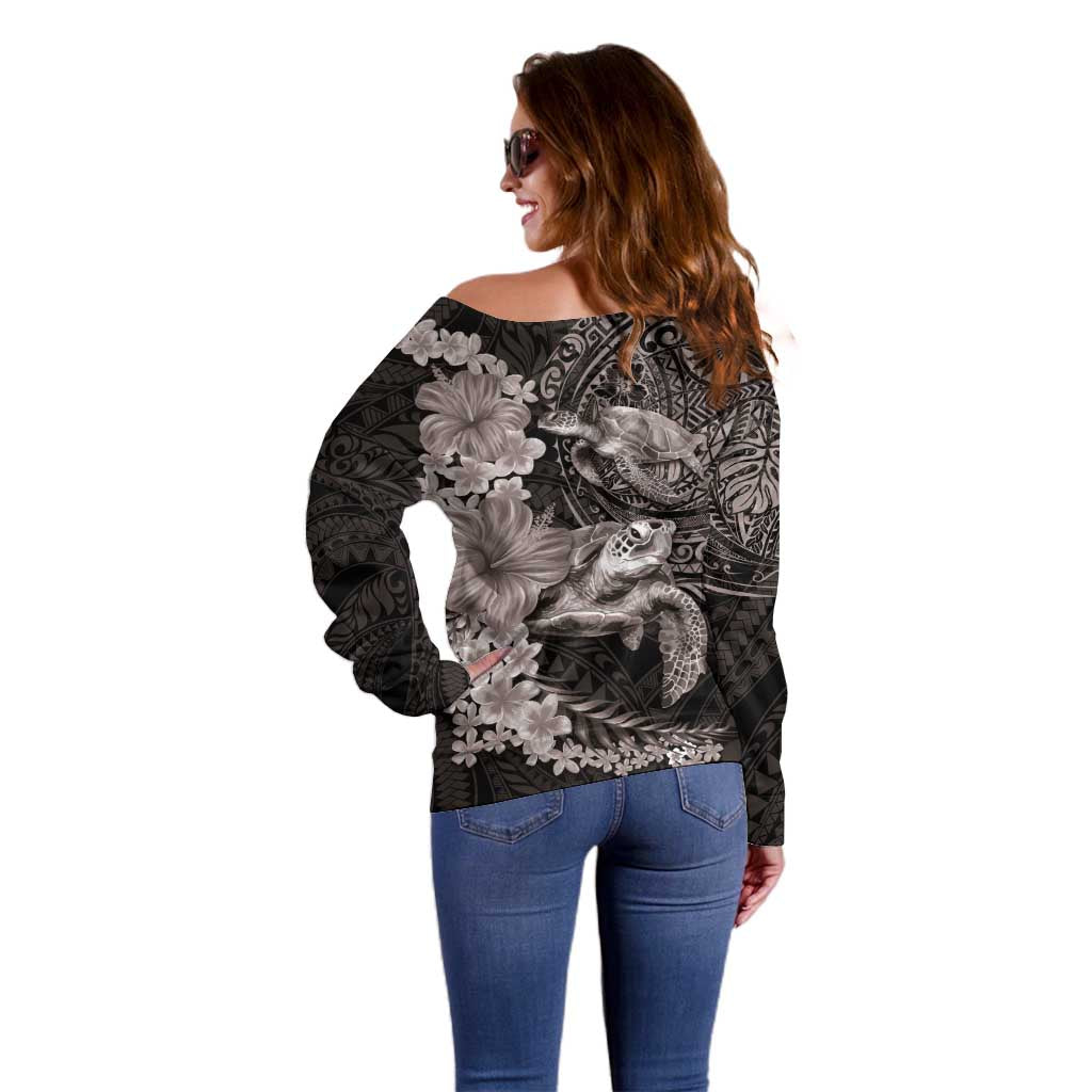 Hawaiian Plumeria and Hibiscus with Turtles Off Shoulder Sweater Polynesian Art Grayscale - Polynesian Pride