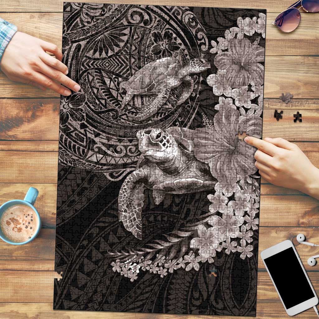 Hawaiian Plumeria and Hibiscus with Turtles Puzzle Polynesian Art Grayscale LT03 Black - Polynesian Pride