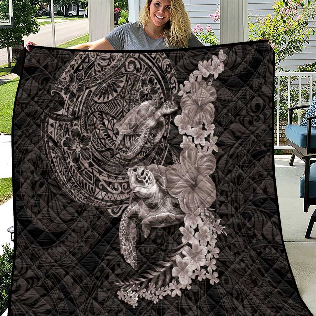 Hawaiian Plumeria and Hibiscus with Turtles Quilt Polynesian Art Grayscale LT03 Black - Polynesian Pride