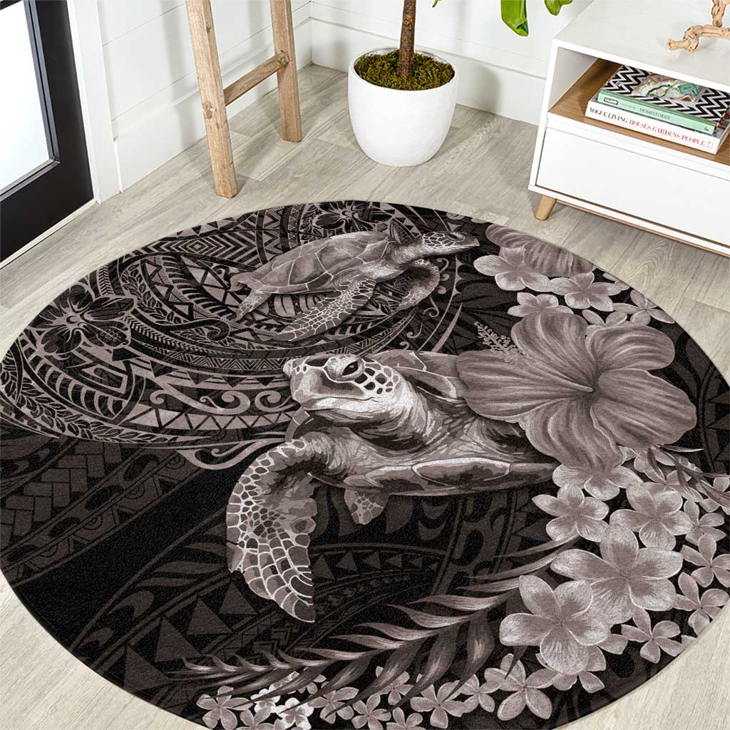 Hawaiian Plumeria and Hibiscus with Turtles Round Carpet Polynesian Art Grayscale - Polynesian Pride