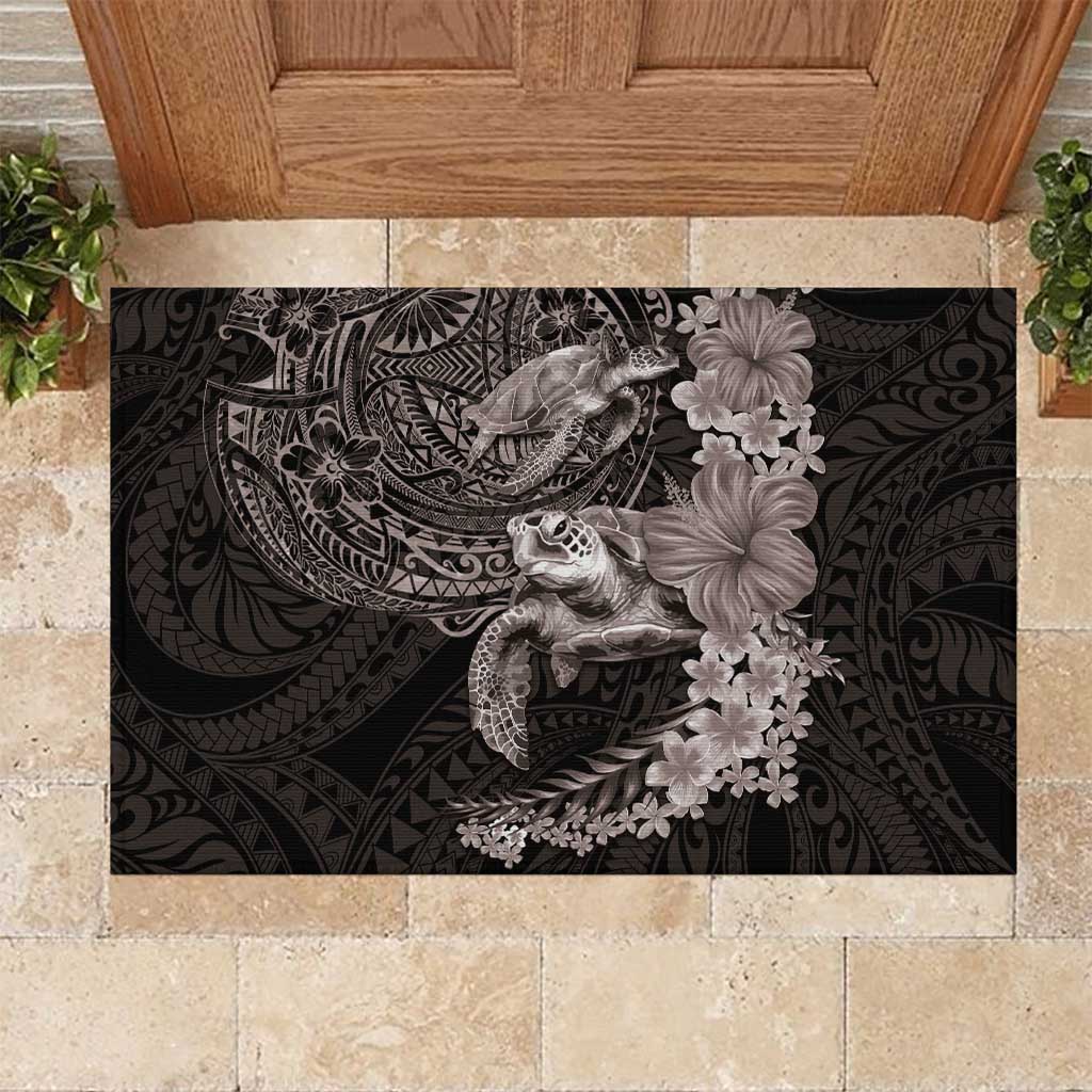 Hawaiian Plumeria and Hibiscus with Turtles Rubber Doormat Polynesian Art Grayscale LT03 Black - Polynesian Pride