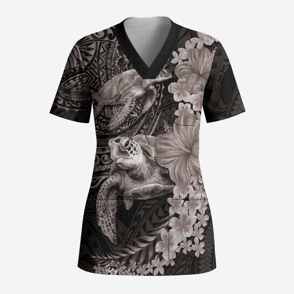 Hawaiian Plumeria and Hibiscus with Turtles Scrub Top Polynesian Art Grayscale LT03 Adult Black - Polynesian Pride