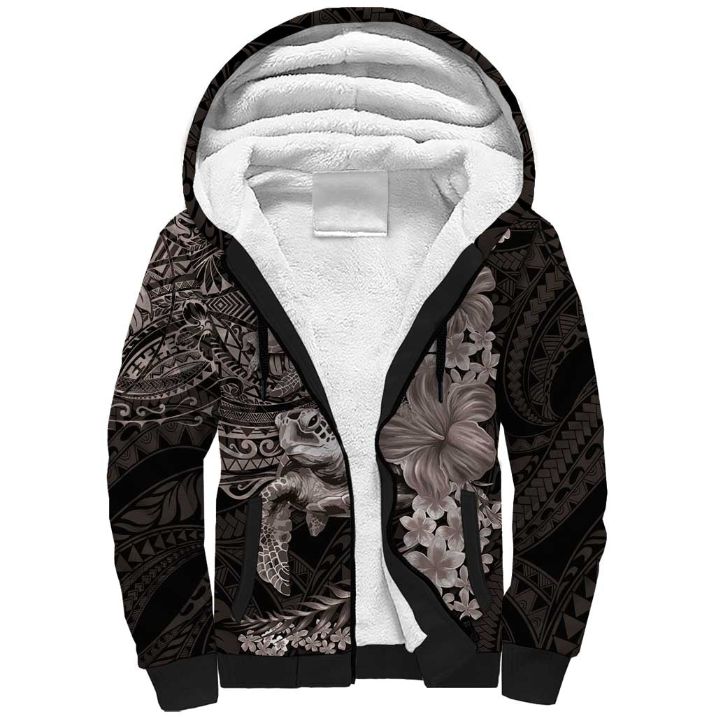 Hawaiian Plumeria and Hibiscus with Turtles Sherpa Hoodie Polynesian Art Grayscale LT03 Unisex Black - Polynesian Pride