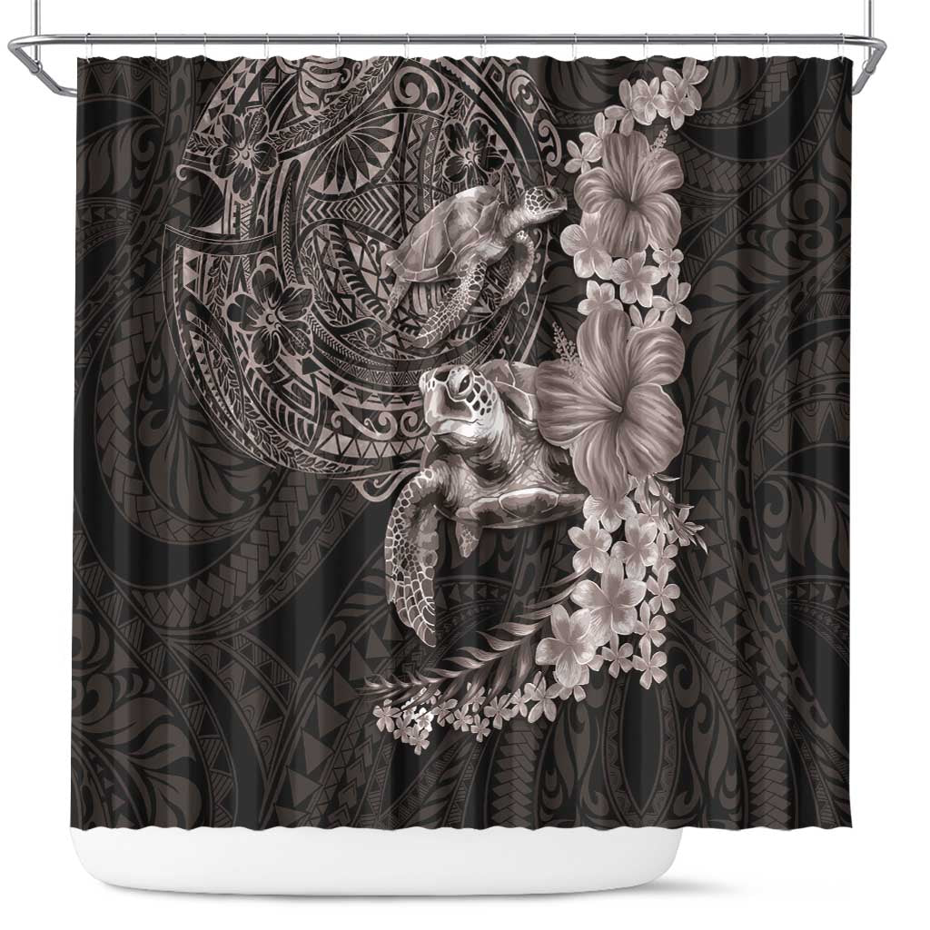 Hawaiian Plumeria and Hibiscus with Turtles Shower Curtain Polynesian Art Grayscale LT03 Black - Polynesian Pride