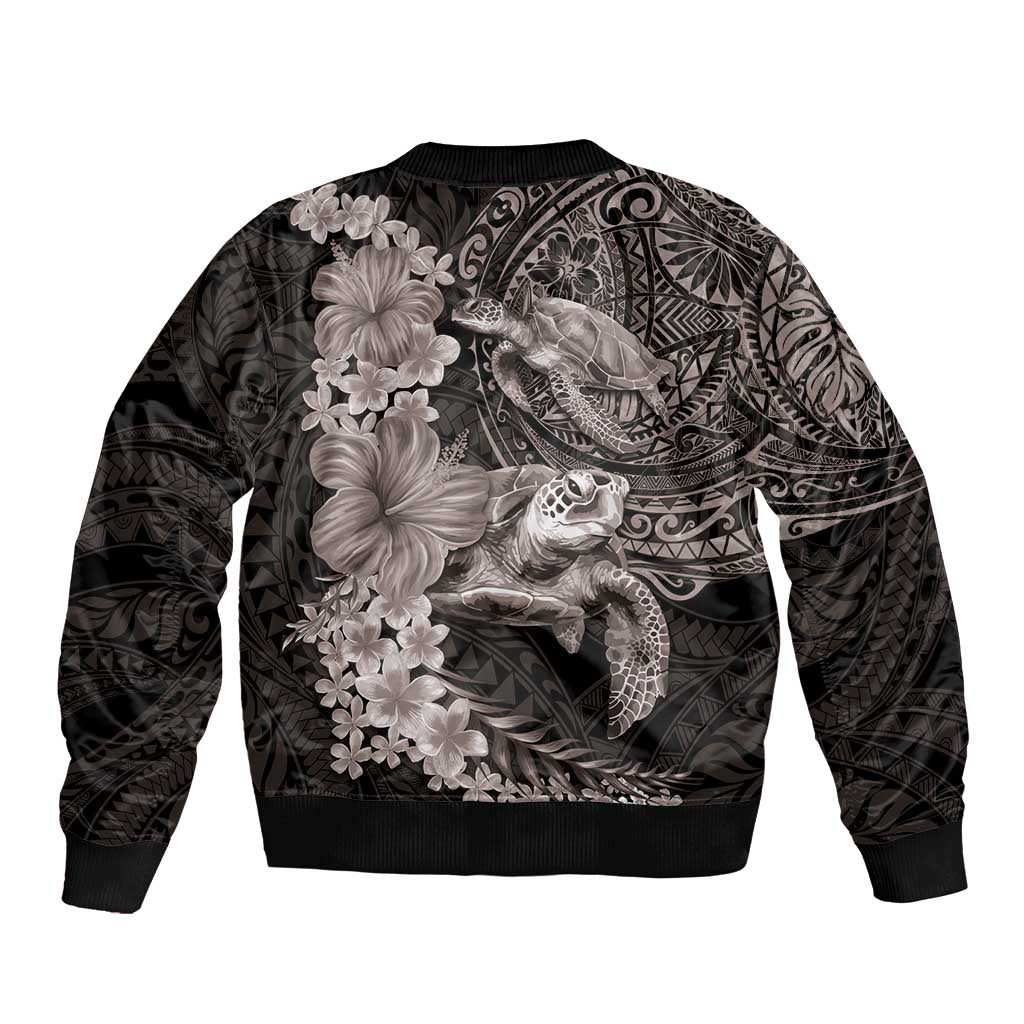 Hawaiian Plumeria and Hibiscus with Turtles Sleeve Zip Bomber Jacket Polynesian Art Grayscale - Polynesian Pride
