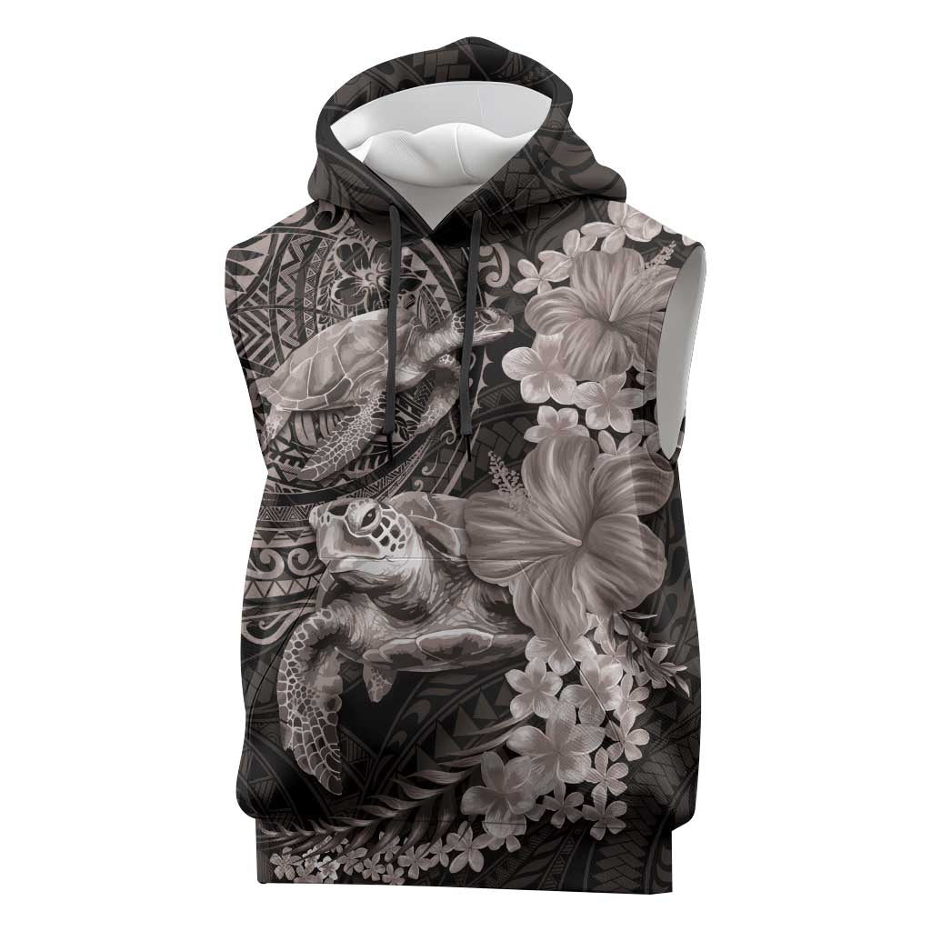 Hawaiian Plumeria and Hibiscus with Turtles Sleeveless Hoodie Polynesian Art Grayscale LT03 Black - Polynesian Pride